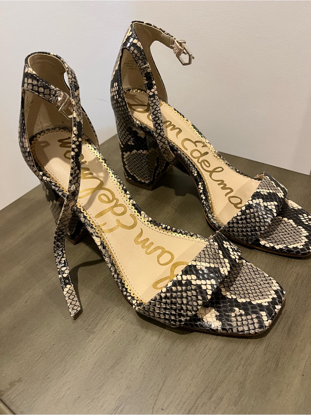 Sam Edelman Snake-Print Ankle-Strap Block Heels in Black & Cream
